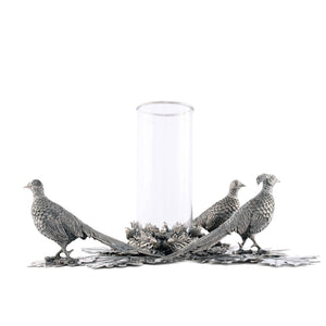 Pewter Pheasants Pillar Hurricane Centerpiece