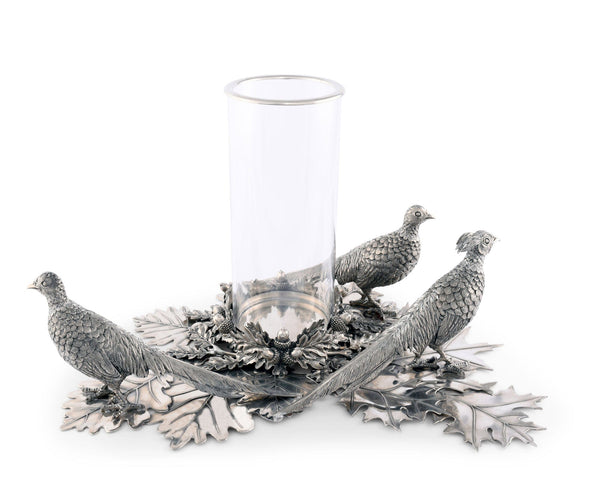 Pewter Pheasants Pillar Hurricane Centerpiece