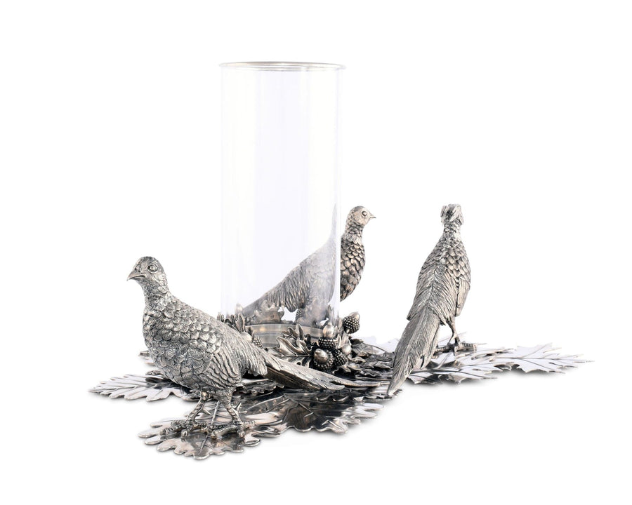 Pewter Pheasants Pillar Hurricane Centerpiece